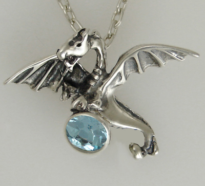 Sterling Silver Little Treasure Dragon Pendant With Blue Topaz